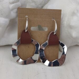 Wavy Silver Hoop Earrings with Brown Leather Accent Drop Earrings
